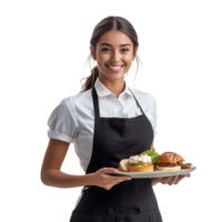 A smiling waitress holding a tray of food, with a warm smile, isolated on transparent Background png
