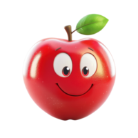 A lively 3D cartoon apple with shiny red skin and leaf, isolated on transparent background png