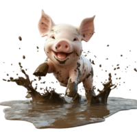 A cheerful 3D piglet happily splashing in a muddy puddle, isolated on transparent Background png