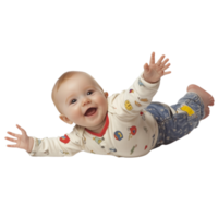 A joyful baby reaching up with tiny hands, smiling, lying on its back, isolated on transparent Background png