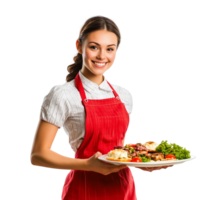 A friendly waitress with a tray of food, smiling warmly, isolated on transparent Background png