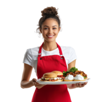 A cheerful waitress with a tray of food, smiling warmly, isolated on transparent Background png