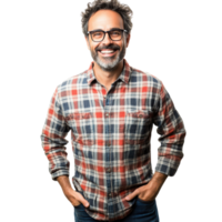 A cheerful middle-aged man smiling with glasses and plaid shirt, isolated on transparent Background png