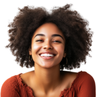A smiling African American woman with a natural afro, cheerful expression, isolated on transparent Background png