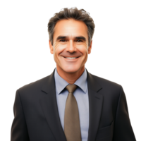 A cheerful middle-aged man in a business suit, with a joyful expression, isolated on transparent Background png