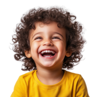 A happy young child with curly hair, laughing and grinning, isolated on transparent Background png