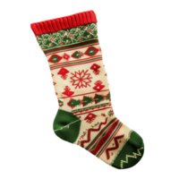 A colorful Christmas stocking with red and green festive patterns, Isolated on transparent Background png