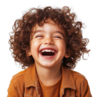 A joyful child with curly hair, grinning and laughing, isolated on transparent Background png
