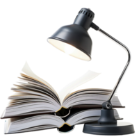 A traditional desk lamp casting light over an open pile of textbooks, isolated on a clean white background png