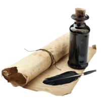 Quill and ink with parchment scroll, isolated on transparent Background png