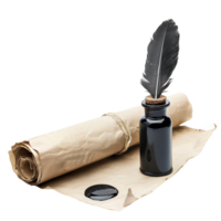 Classic quill and ink set with scroll of parchment, isolated on transparent Background png