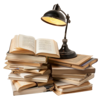 A stylish desk lamp shining light on an open pile of textbooks, isolated on a transparent background png