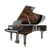 A grand piano with lid open showcasing strings and hammers, side view, isolated on transparent Background png