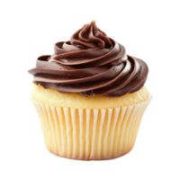 Fluffy vanilla cupcake with rich chocolate swirl frosting on top Isolated on transparent Background png