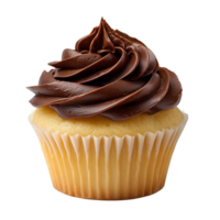 Delicious vanilla cupcake with smooth chocolate swirl frosting and paper liner Isolated on transparent Background png