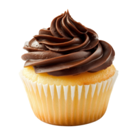 Single vanilla cupcake with dark chocolate frosting in a paper cup Isolated on transparent Background png