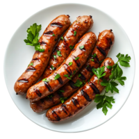 Tasty grilled sausages with herb topping on white plate Isolated on transparent Background png