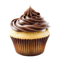 Chocolate-frosted vanilla cupcake with decorative swirl on top Isolated on transparent Background png