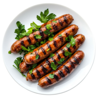 Grilled sausages arranged on a white plate with parsley garnish Isolated on transparent Background png