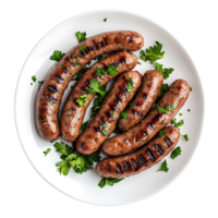 White plate with grilled sausages and vibrant parsley leaves Isolated on transparent Background png