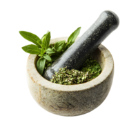 Ground Western herbs in a mortar and pestle, emphasizing the texture and color, isolated on transparent background png