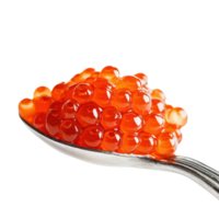 A close-up of glossy red salmon caviar piled delicately on a silver spoon, isolated on transparent background png