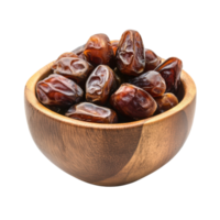 A rustic wooden bowl containing glossy dried dates perfectly arranged for presentation Isolated on transparent Background png