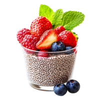A fresh chia seed pudding topped with colorful berries and mint leaves, placed on a white background, Isolated on transparent Background png