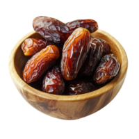 Shiny dried dates in a rustic wooden bowl, isolated on transparent background png