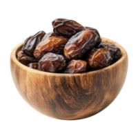 A rustic wooden bowl filled with shiny dried dates arranged neatly in an artistic display Isolated on transparent Background png