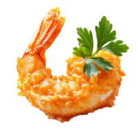 Crispy golden battered prawn with parsley garnish, isolated on transparent background png
