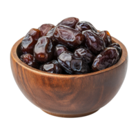 A rustic wooden bowl with shiny dried dates isolated on transparent background png