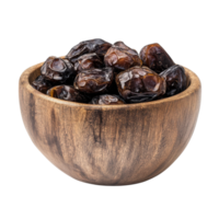 A rustic wooden bowl with shiny dried dates, isolated transparent background png