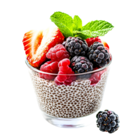 A close-up of chia seed pudding topped with berries and mint leaves, placed on a white background, Isolated on transparent Background png