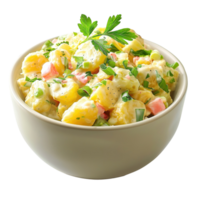 Close-up of a side-view bowl of potato salad with vinaigrette dressing, isolated on transparent background png