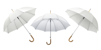 Three elegant white umbrellas with wooden handles, showcasing stylish design and functionality for protection against rain or sun png
