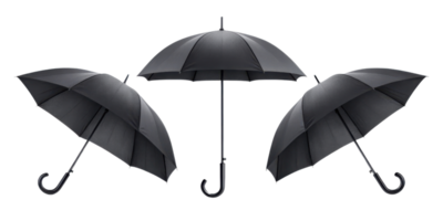 Three black umbrellas displayed in stylish arrangement, showcasing their sleek design and functionality, perfect for rainy days png