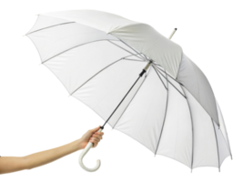 person holding white umbrella with curved handle, showcasing its design and functionality. umbrella is open and displayed against plain background png