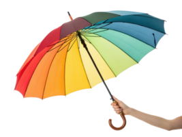 vibrant rainbow umbrella held by hand, showcasing spectrum of colors from red to green, perfect for brightening up rainy day png