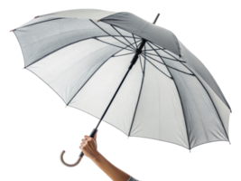 stylish umbrella held by hand, showcasing sleek design with light gray color and unique structure, perfect for rainy days png