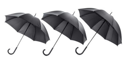 Three black umbrellas arranged in row, showcasing their sleek design and functionality, perfect for rainy weather png