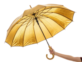 shiny golden umbrella held by hand, showcasing its elegant design and vibrant color, perfect for adding touch of luxury to any rainy day png