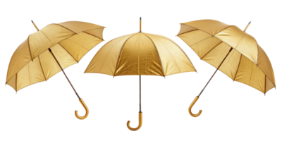 set of three elegant golden umbrellas with shiny finish, showcasing their unique design and luxurious appearance. Perfect for stylish protection png
