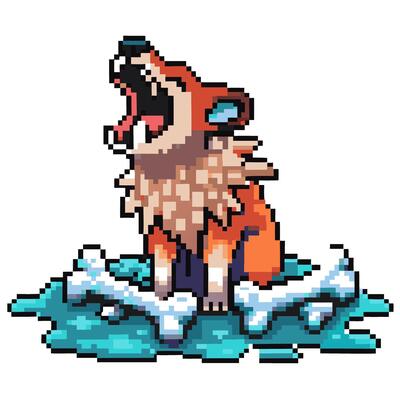 Pixelated wolf howling with bones in icy landscape retro gaming, pixel art animal design