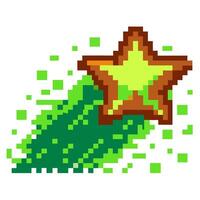 Pixel art shooting star with green trail retro digital game icon, 8 bit design concept vector