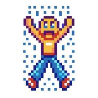 Retro pixel art character jumping with excitement nostalgic arcade style, vibrant colors vector