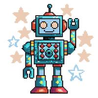 Cheerful pixel art robot waving, surrounded by colorful stars vector
