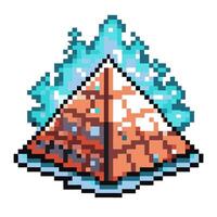 Pixelated pyramid with turquoise flame, retro game art, glowing fantasy symbol, nostalgic digital design vector