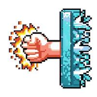 Pixel art fist breaking wall, retro gaming graphic with explosion animation vector