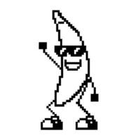 Pixelated happy dancing banana character with sunglasses, retro 8 bit style, black and white vector